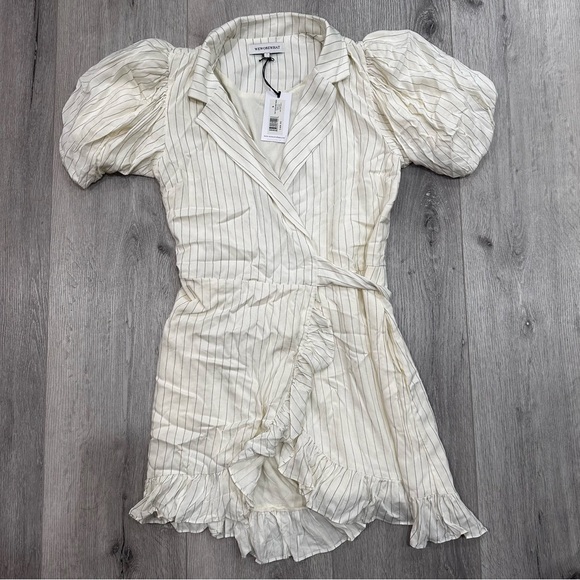 NWT WeWoreWhat Pinstripe Ivory Puff Sleeve Wrap Mini Dress with Ruffle Hem - Picture 3 of 3